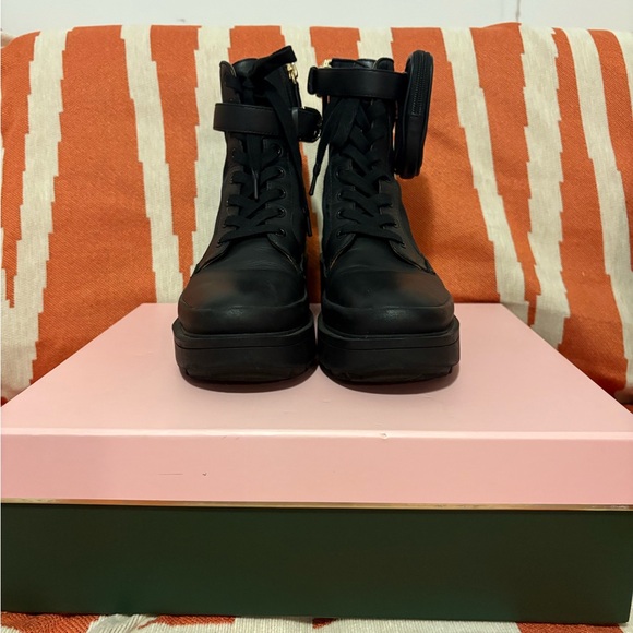 Kate Spade Winona Chunky Combat Boots with Ankle Strap Pouch - Black Sz8 - Picture 2 of 8